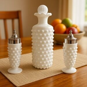 Vintage Hobnail Milk Glass Salt & Pepper Shakers with Cruet Bottle White Retro